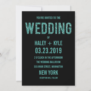 Black & Turquois Glitter Typography Wedding Invite Kaart