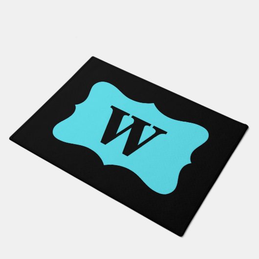 Black Turquoise Aqua Blue Monogram Initiaal Aangep Deurmat (Schuin)