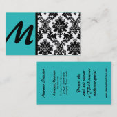 Black Turquoise Blauwgroen Damask Visitekaartjes (Voorkant / Achterkant)