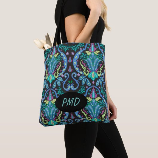 Black Turquoise Blauwgroen Modern Damask Floral Mo Tote Bag (Dichtbij)