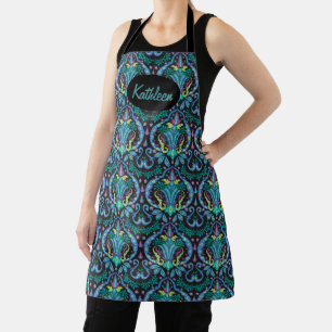 Black Turquoise Blauwgroen Modern Damask Floral Na Schort