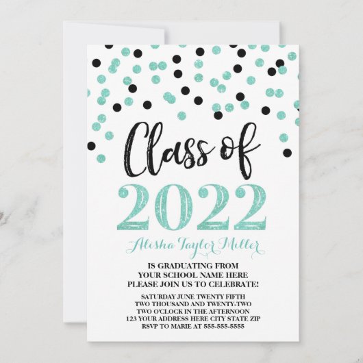 Black Turquoise Confetti Graduation Party 2022 Kaart (Voorkant)
