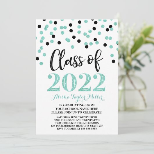 Black Turquoise Confetti Graduation Party 2022 Kaart (Staand voorkant)