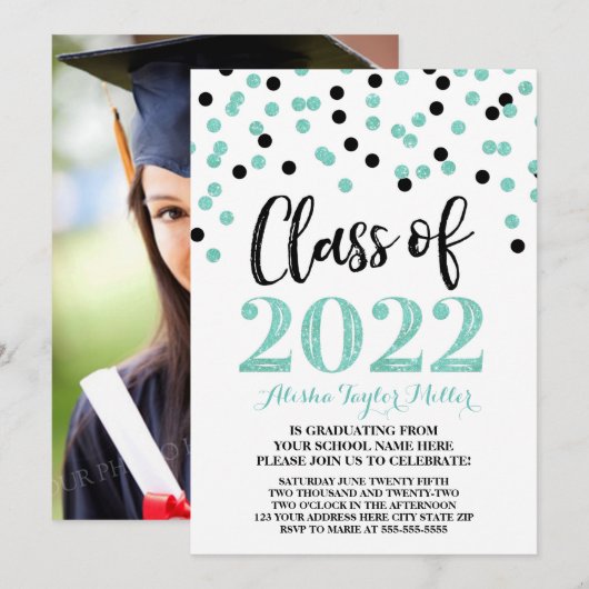 Black Turquoise Confetti Graduation Party 2022 Kaart (Voorkant / Achterkant)
