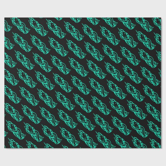 Black Turquoise Cute Unicorn Pattern Magical Cadeaupapier (Vlak)