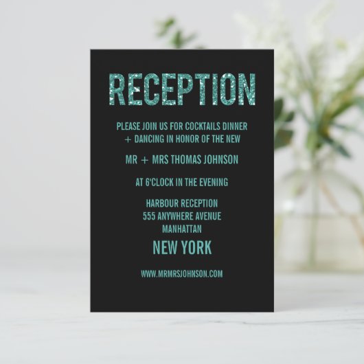Black Turquoise Glitter Reception Enclosure Kaarte RSVP Kaartje (Staand voorkant)