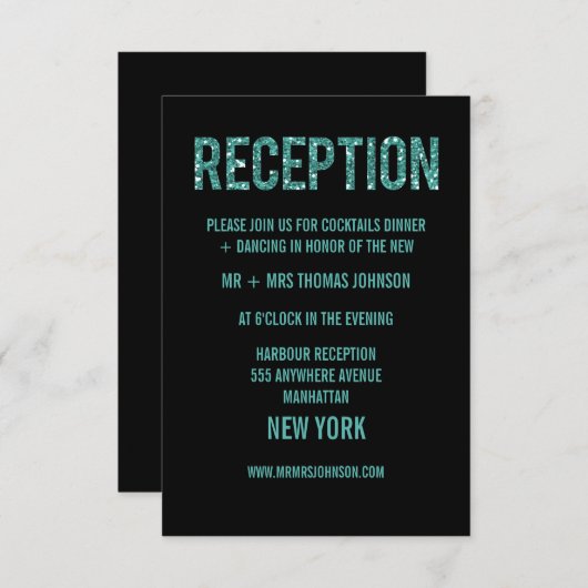 Black Turquoise Glitter Reception Enclosure Kaarte RSVP Kaartje (Voorkant / Achterkant)