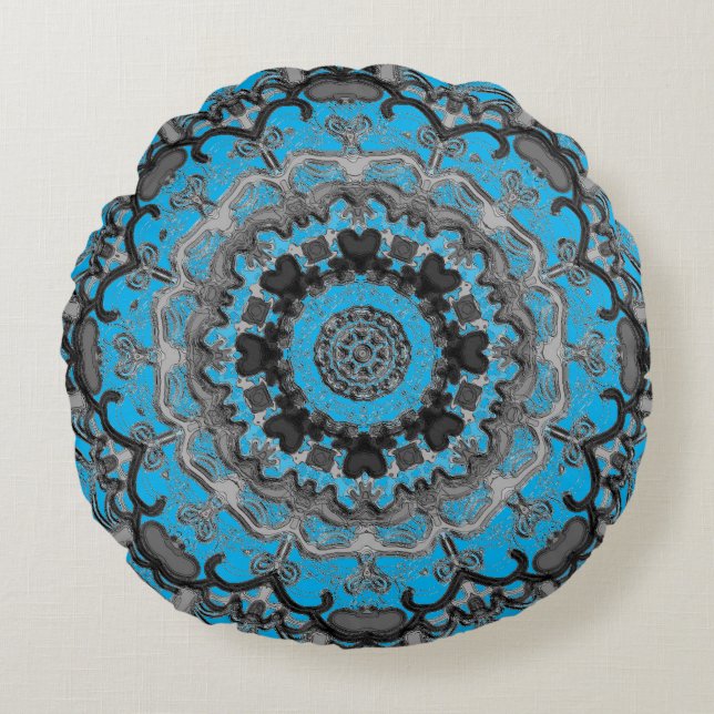 Black & Turquoise Mandala Round Pillow Rond Kussen (Voorkant)