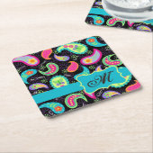 Black Turquoise Monogram Personalized Mod Paisley Kartonnen Onderzetters (Schuin)