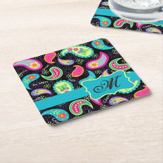 Black Turquoise Monogram Personalized Mod Paisley Kartonnen Onderzetters (Schuin)