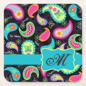 Black Turquoise Monogram Personalized Mod Paisley Kartonnen Onderzetters (Voorkant)