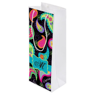 Black Turquoise Monogram Personalized Mod Paisley Wijn Cadeautas