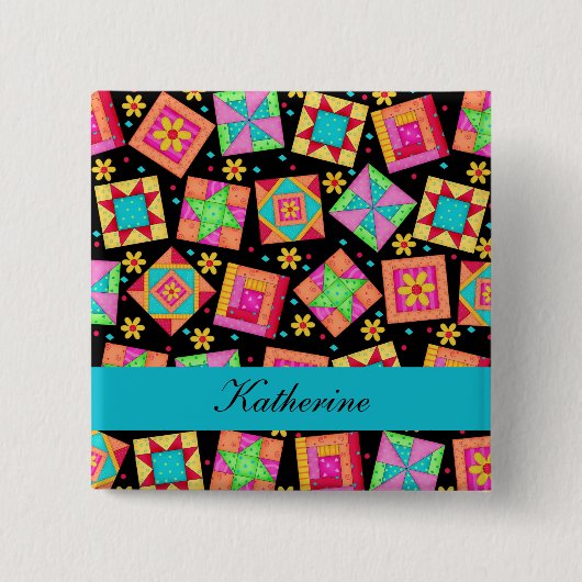 Black Turquoise Patchwork Quilt Blocks Name Badge Vierkante Button 5,1 Cm (Voorkant)