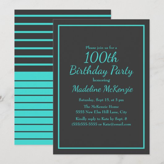 Black Turquoise Striped 100th Birthday Party Kaart (Voorkant / Achterkant)
