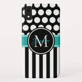 Black Turquoise White Stripe Polka Dot Monogram Case-Mate iPhone 14 Pro Max Hoesje
