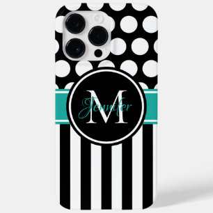 Black Turquoise White Stripe Polka Dot Monogram Case-Mate iPhone 14 Pro Max Hoesje