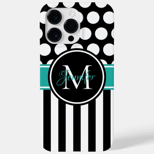 Black Turquoise White Stripe Polka Dot Monogram Case-Mate iPhone Case (Achterkant)
