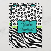 Black Turquoise Zebra Leopard Skin Invitation Kaart (Voorkant / Achterkant)