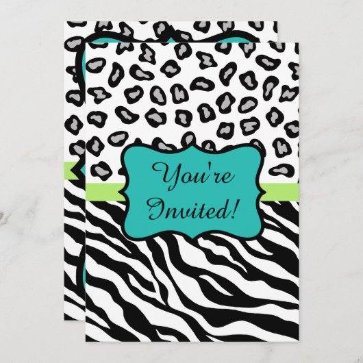Black Turquoise Zebra Leopard Skin Invitation Kaart (Voorkant / Achterkant)