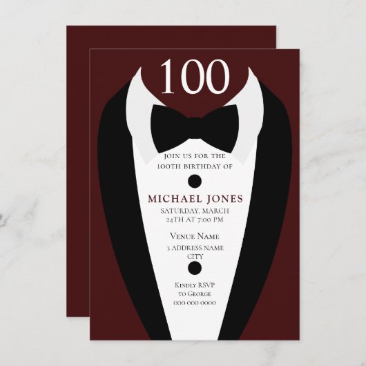 Black Tuxedo Burgundy 100th Birthday Party Invite Kaart (Voorkant / Achterkant)