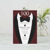 Black Tuxedo Burgundy 100th Birthday Party Invite Kaart (Staand voorkant)