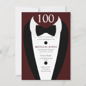 Black Tuxedo Burgundy 100th Birthday Party Invite Kaart (Voorkant)