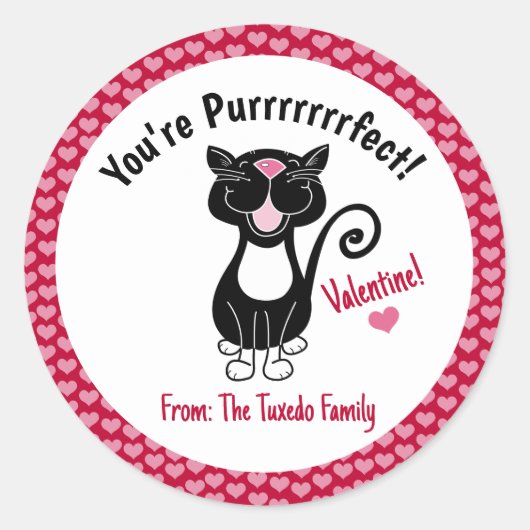 Black Tuxedo Cat Valentijnsdag Red Hearts Ronde Sticker (Voorkant)
