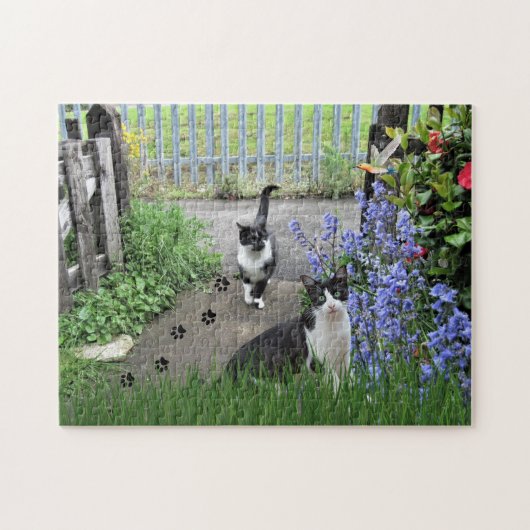 Black Tuxedo Cats in Garden Jigzaag Puzzle Legpuzzel (Horizontaal)