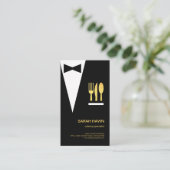 Black Tuxedo Creative Waiter Gold Fork Knife Spoon Visitekaartje (Staand voorkant)