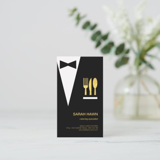 Black Tuxedo Creative Waiter Gold Fork Knife Spoon Visitekaartje (Staand voorkant)