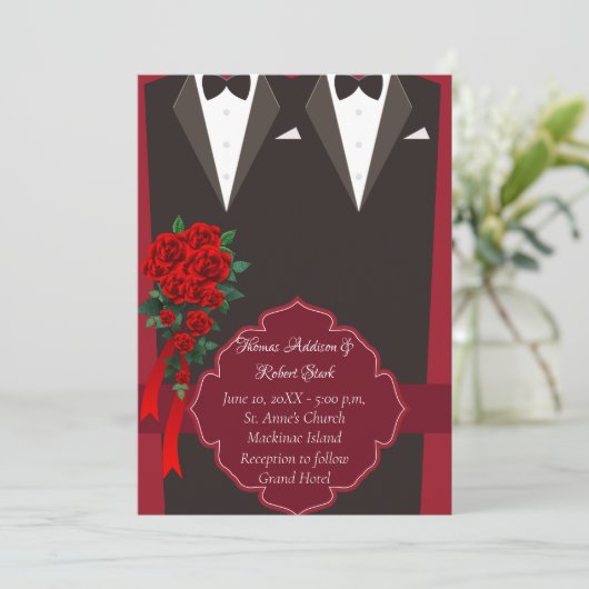 Black Tuxedo Gay Wedding Uitnodiging (Staand voorkant)