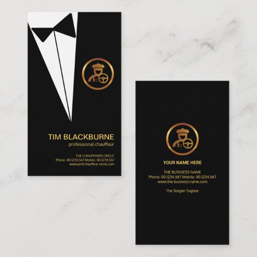Black Tuxedo Gold Chauffeur Boutonniere Button Visitekaartje (Voorkant / Achterkant)
