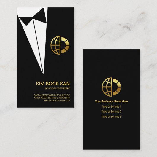 Black Tuxedo Gold Global Boutonniere Consultant Visitekaartje (Voorkant / Achterkant)