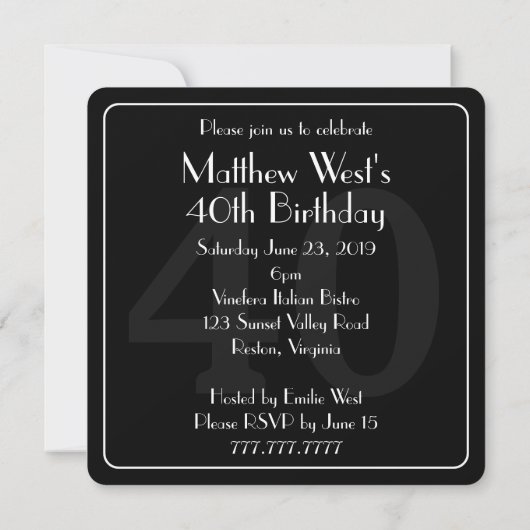 Black Tuxedo Mannen 40th Birthday Party Invitation Kaart (Achterkant)