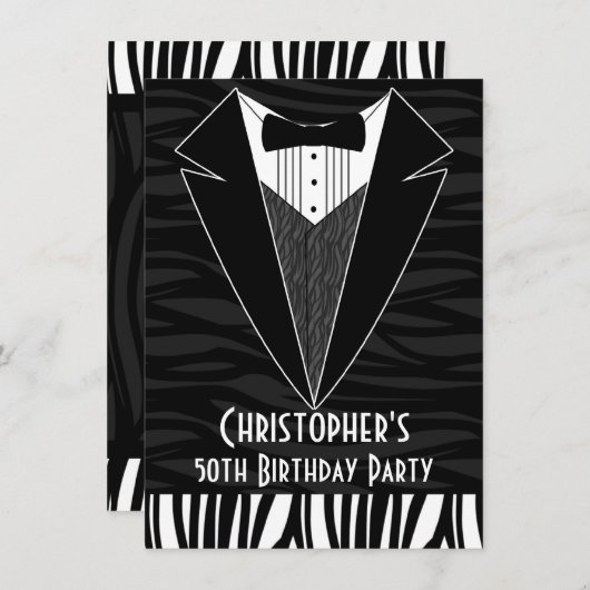 Black Tuxedo Mannen 50th Birthday Party Uitnodigin Kaart (Voorkant / Achterkant)