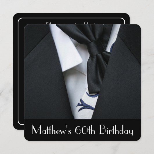 Black Tuxedo Mannen 60th Birthday Party Invitation Kaart (Voorkant / Achterkant)