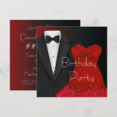 Black Tuxedo Red Dress Party Invitation Sjabloon Kaart (Voorkant / Achterkant)