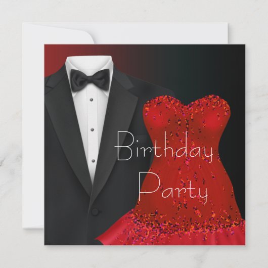 Black Tuxedo Red Dress Party Invitation Sjabloon Kaart (Voorkant)