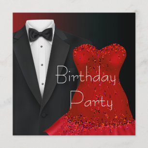 Black Tuxedo Red Dress Party Invitation Sjabloon Kaart