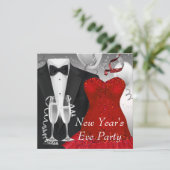 Black Tuxedo Red Dress Party Invitation Sjabloon Kaart (Staand voorkant)