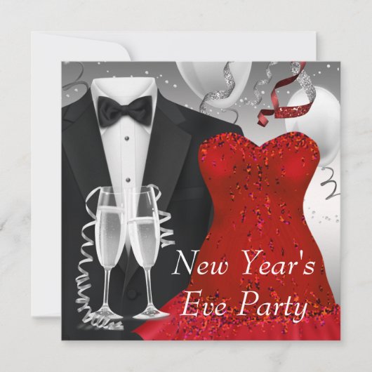 Black Tuxedo Red Dress Party Invitation Sjabloon Kaart (Voorkant)