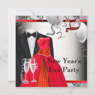 Black Tuxedo Red Dress Party Invitation Sjabloon Kaart