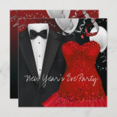 Black Tuxedo Red Dress Party Invitation Sjabloon Kaart (Voorkant / Achterkant)