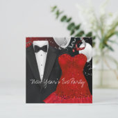 Black Tuxedo Red Dress Party Invitation Sjabloon Kaart (Staand voorkant)
