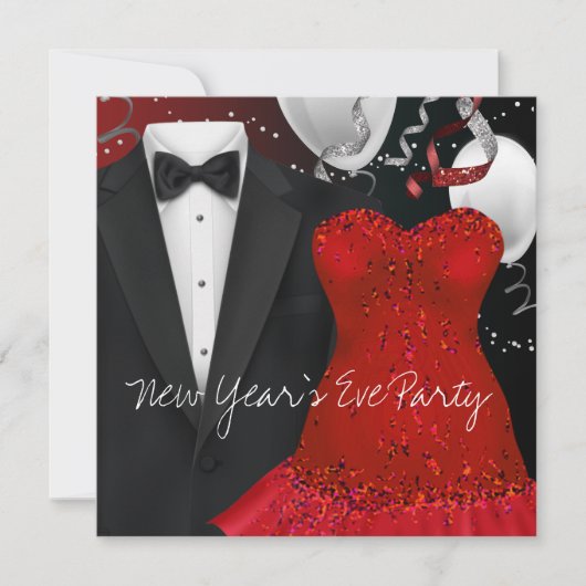 Black Tuxedo Red Dress Party Invitation Sjabloon Kaart (Voorkant)