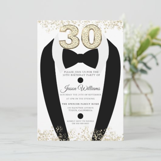 Black Tuxedo Suit Gold Mannen 30th Birthday Party Kaart (Staand voorkant)
