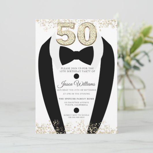 Black Tuxedo Suit Gold Mannen 50th Birthday Party Kaart (Staand voorkant)
