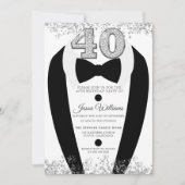 Black Tuxedo Suit Silver Mannen 40th Birthday Part Kaart (Voorkant)