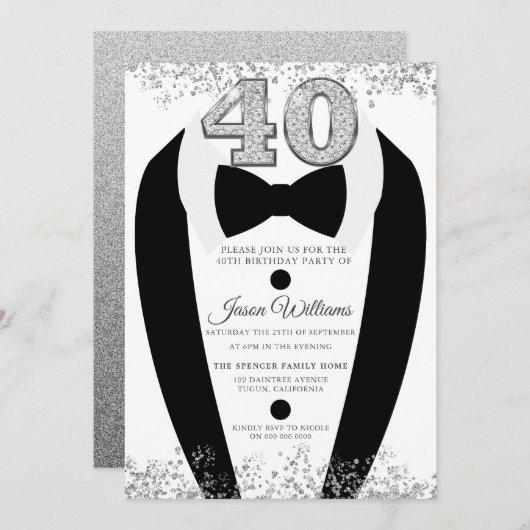Black Tuxedo Suit Silver Mannen 40th Birthday Part Kaart (Voorkant / Achterkant)