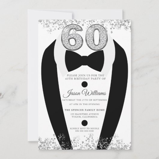 Black Tuxedo Suit Silver Mannen 60th Birthday Part Kaart (Voorkant)